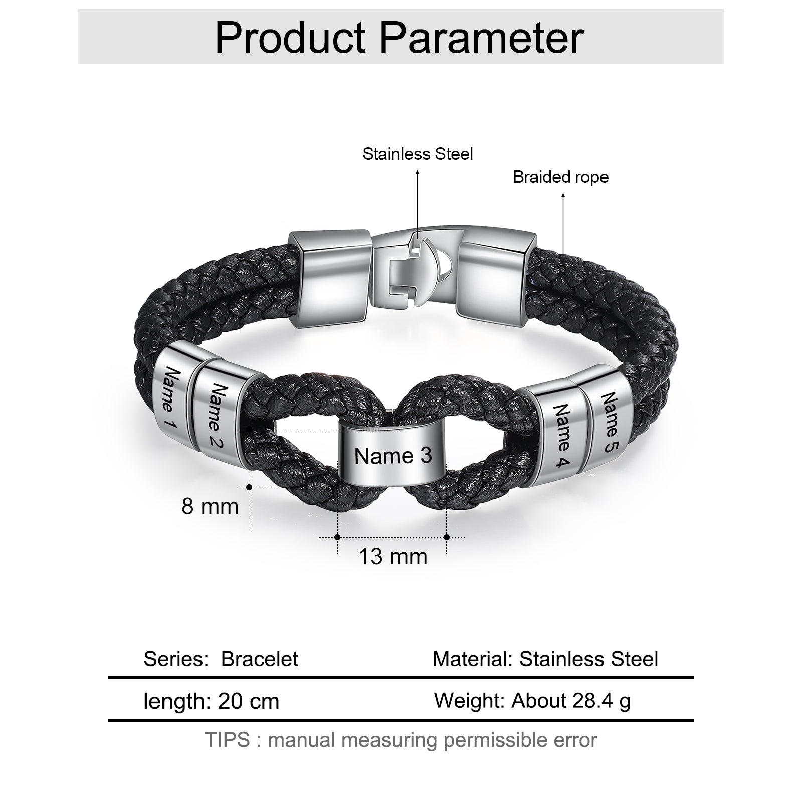 Custom Stainless Steel Leather Bracelet featuring a sleek stainless steel design with a leather strap, perfect for stylish accessorizing.