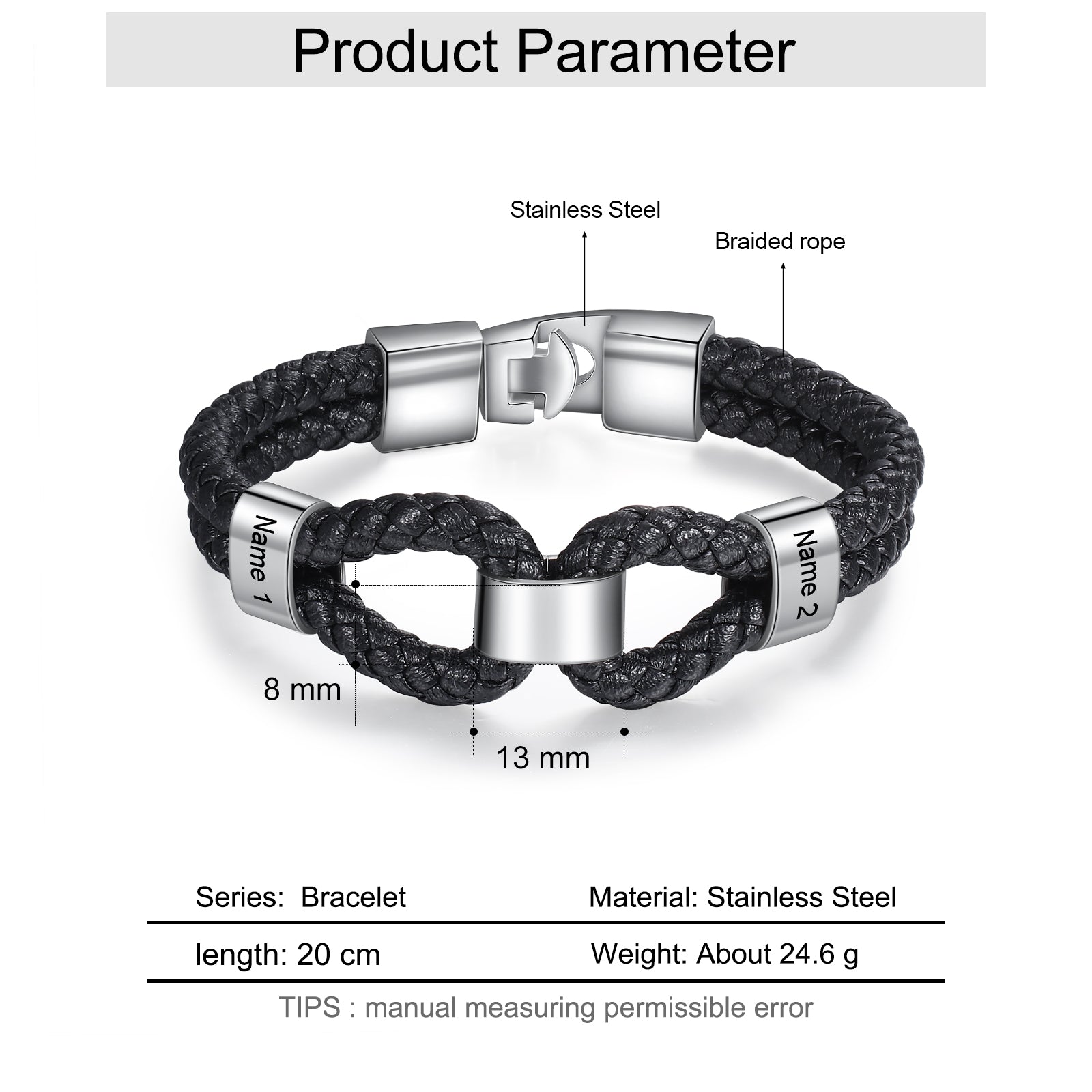 Custom Stainless Steel Leather Bracelet featuring a sleek stainless steel design with a leather strap, perfect for stylish accessorizing.