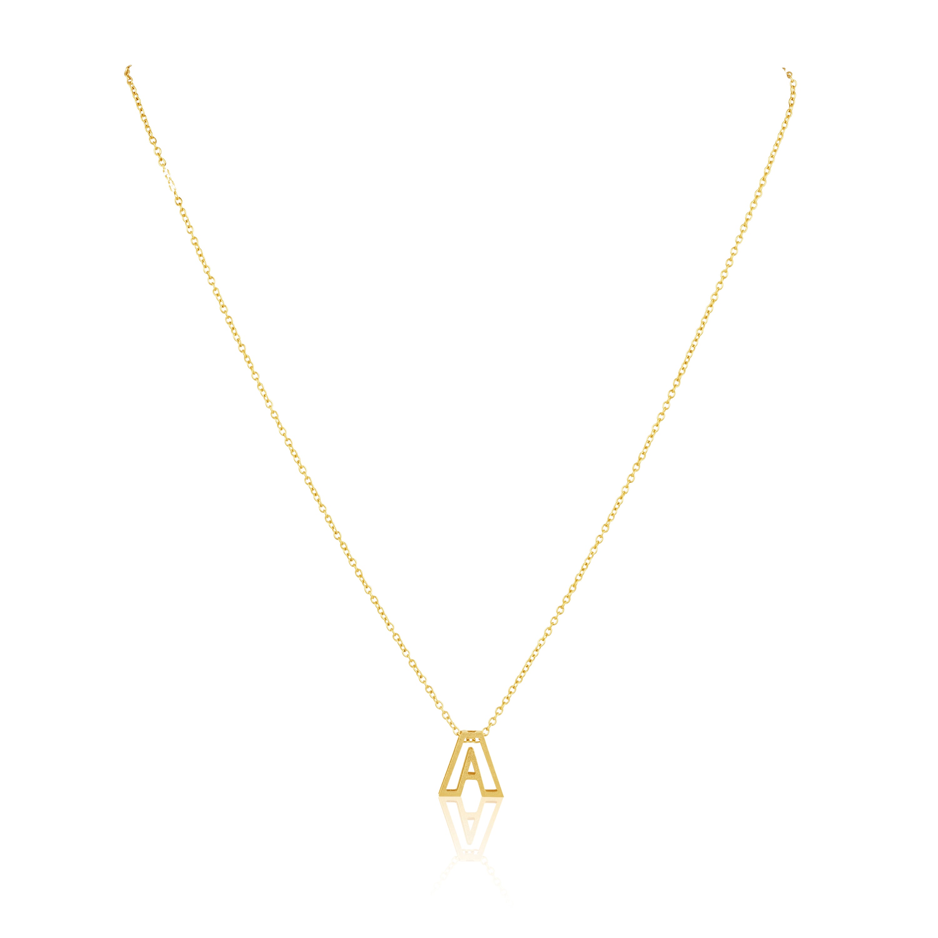 A delicate 18K gold plated Cut Out Initial necklace featuring a personalized initial charm, perfect for everyday wear and layering.