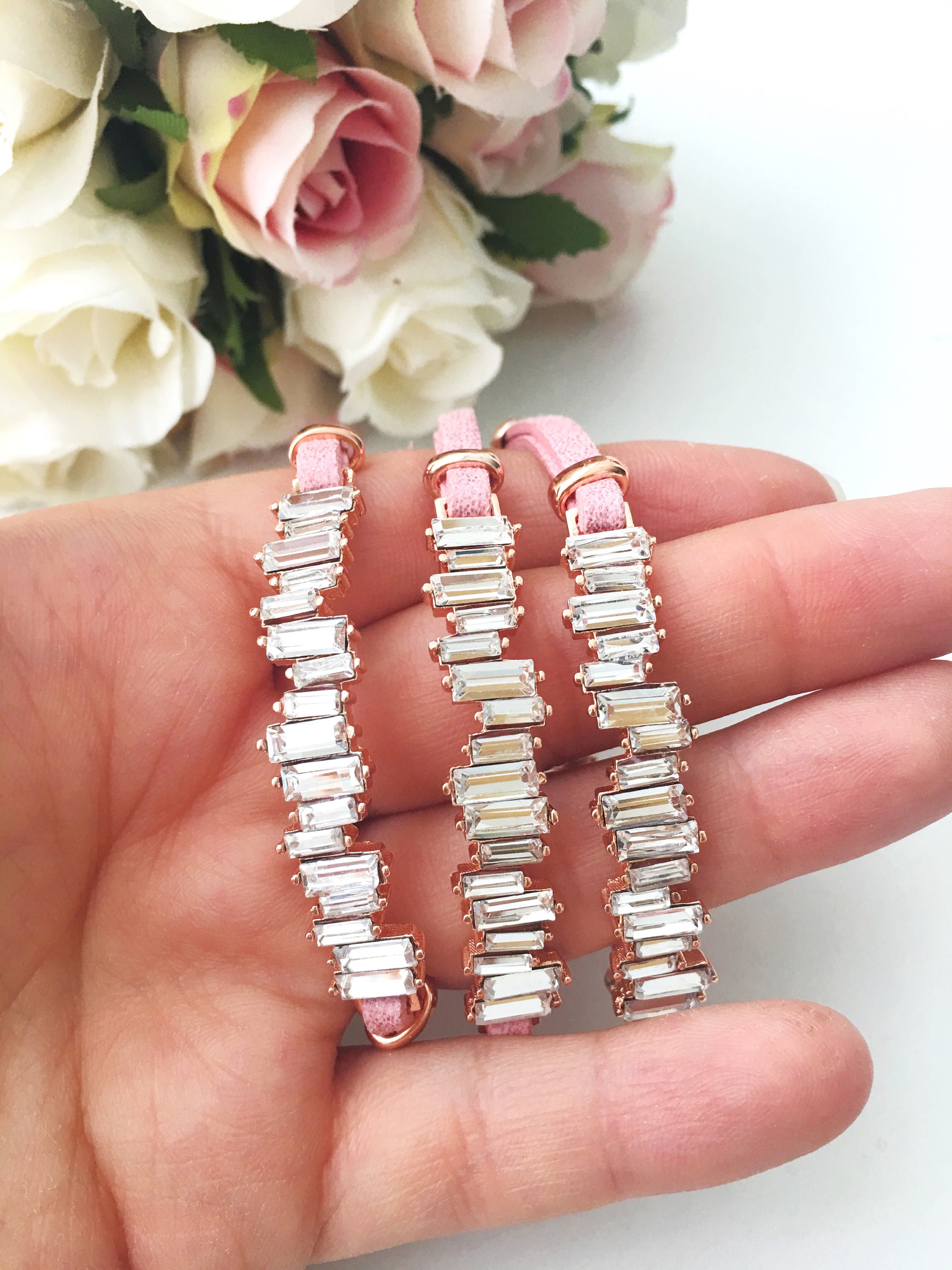 Cz Baguette Bracelet featuring rose gold leather and cubic zirconia accents, adjustable design for a perfect fit.