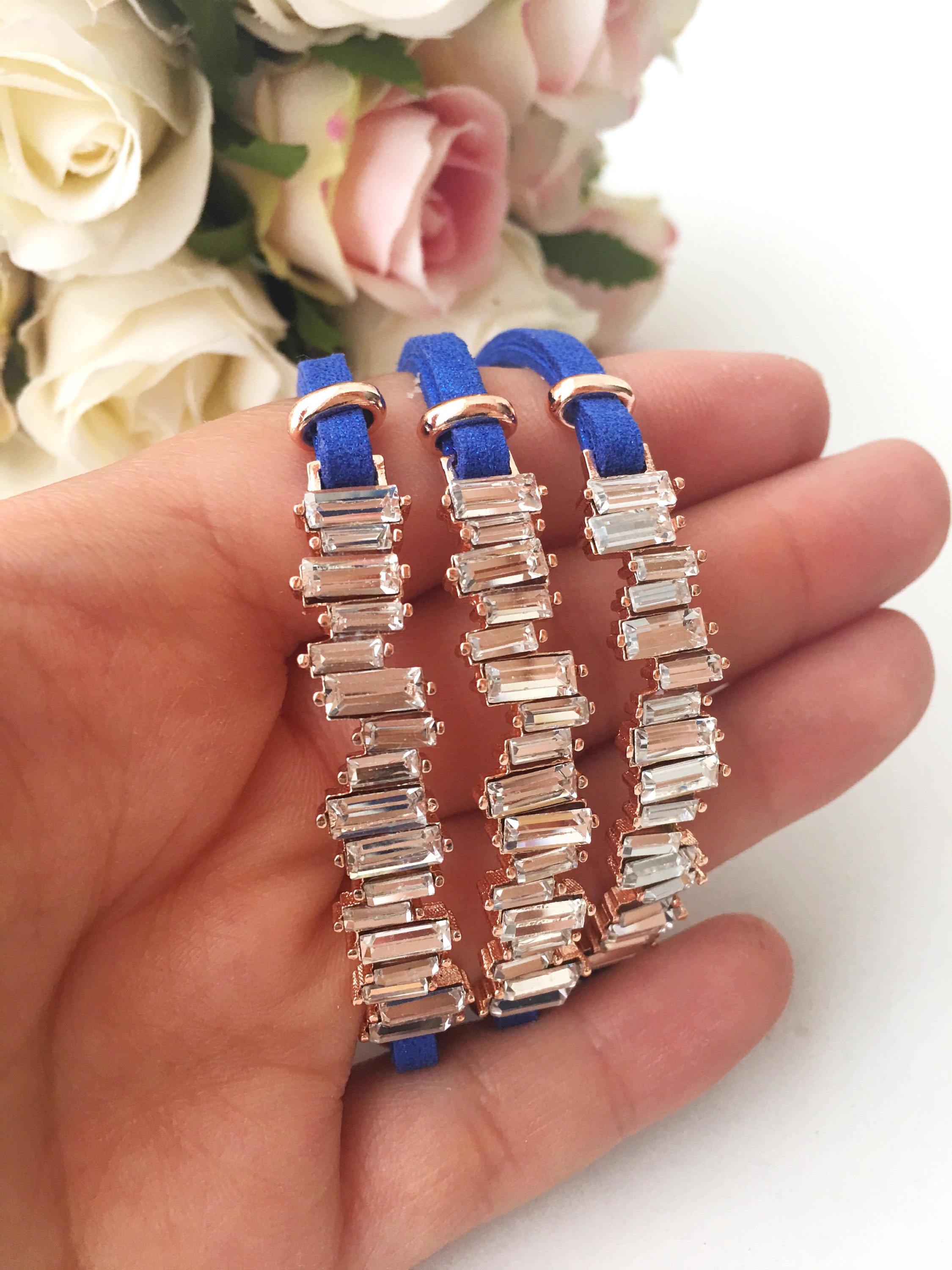 Cz Baguette Bracelet featuring rose gold leather and cubic zirconia accents, adjustable design for a perfect fit.