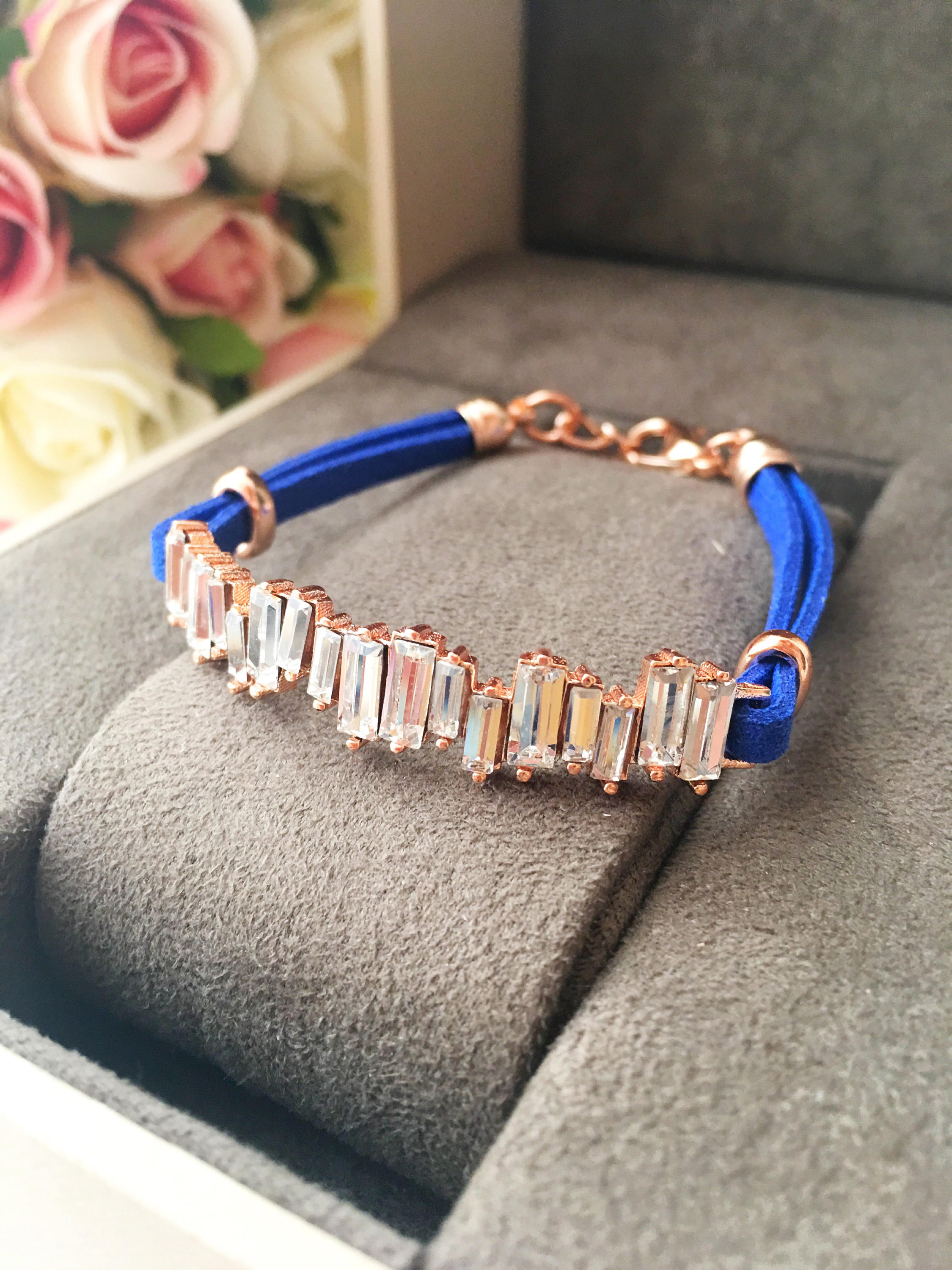 Cz Baguette Bracelet featuring rose gold leather and cubic zirconia accents, adjustable design for a perfect fit.