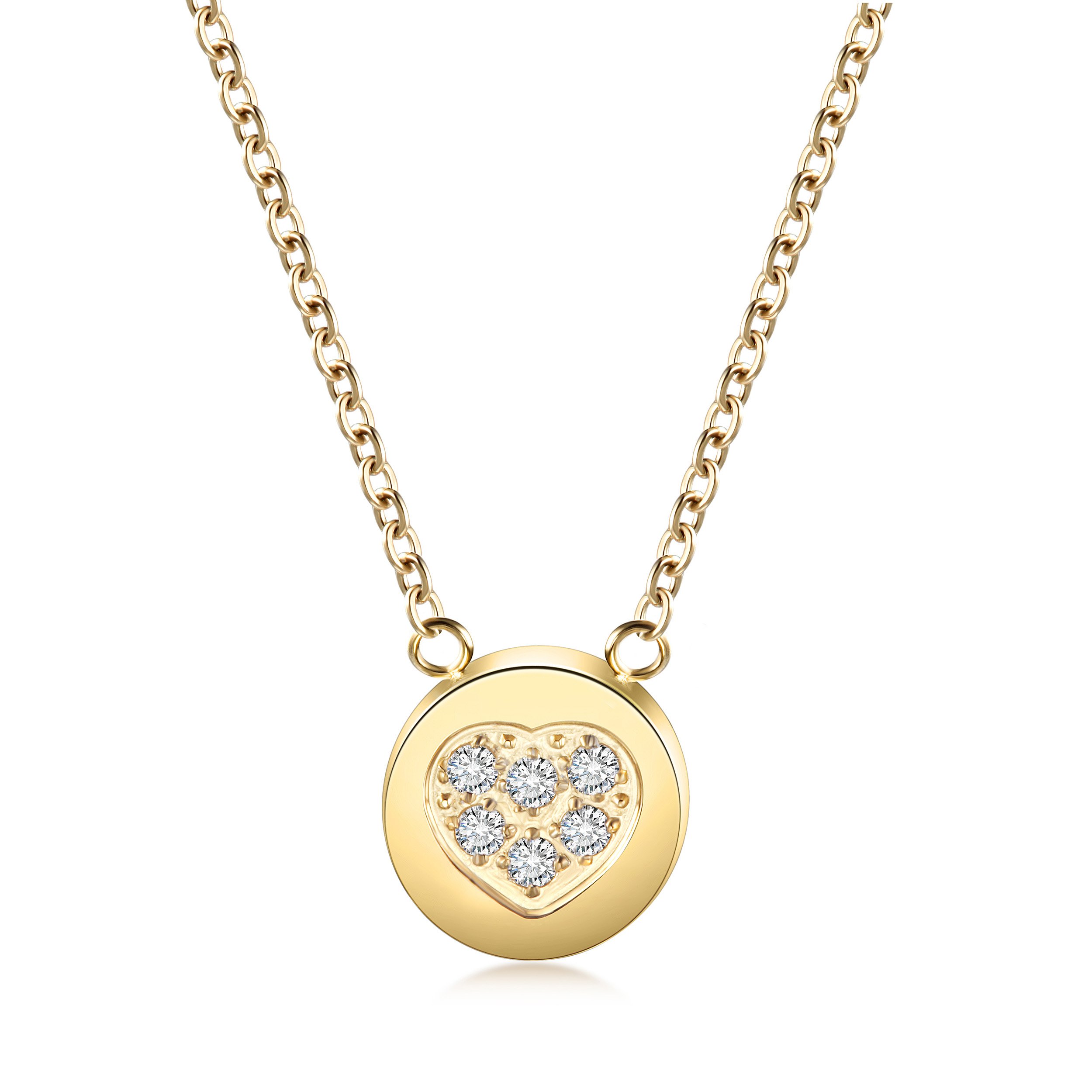 CZ Heart Shaped Disc Pendant Necklace made of stainless steel with gold plating and cubic zirconia accents.