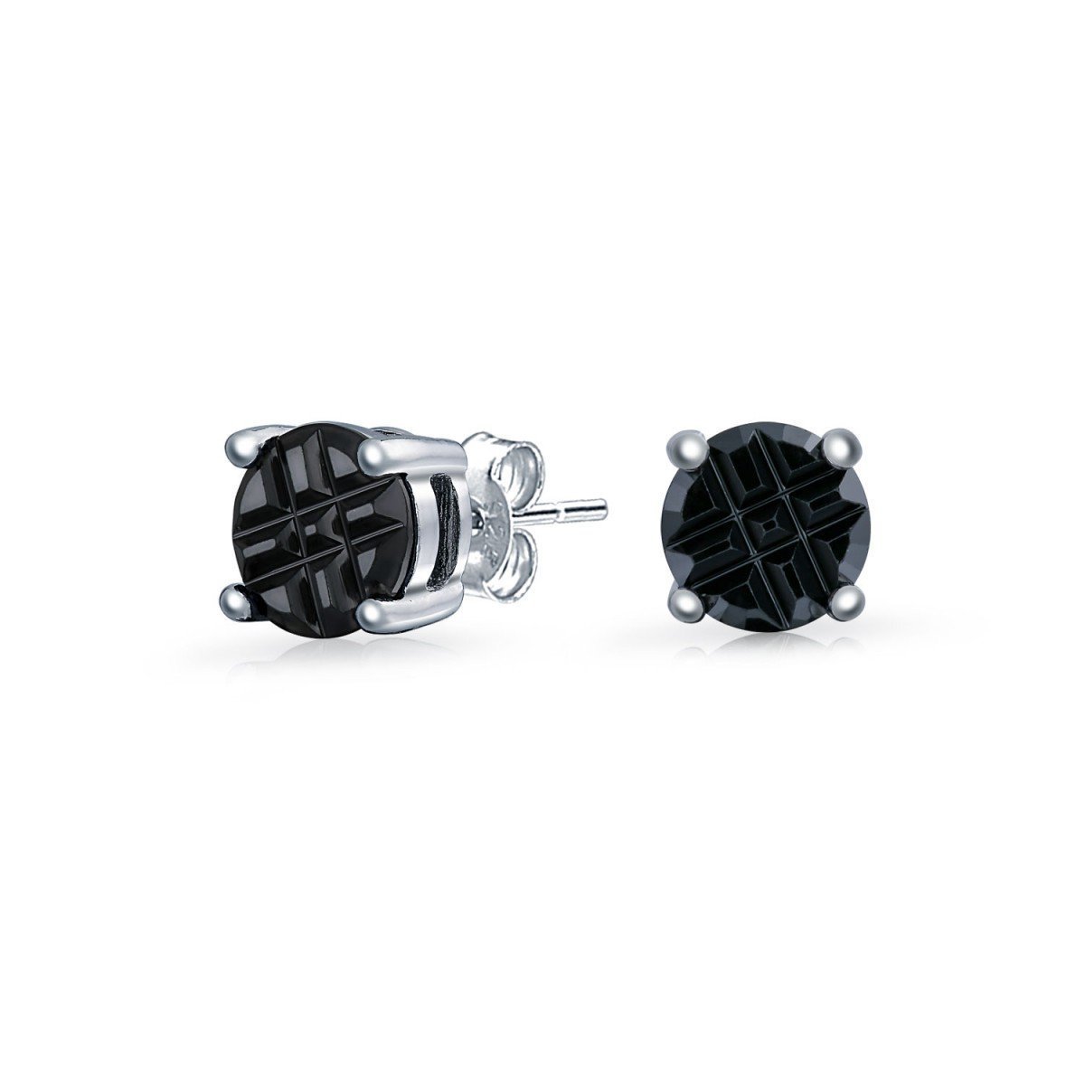 A pair of CZ Diamond Stud Earrings in Rhodium, Gold, and Black Plated finishes, showcasing their elegant design and sparkling cubic zirconia stones.