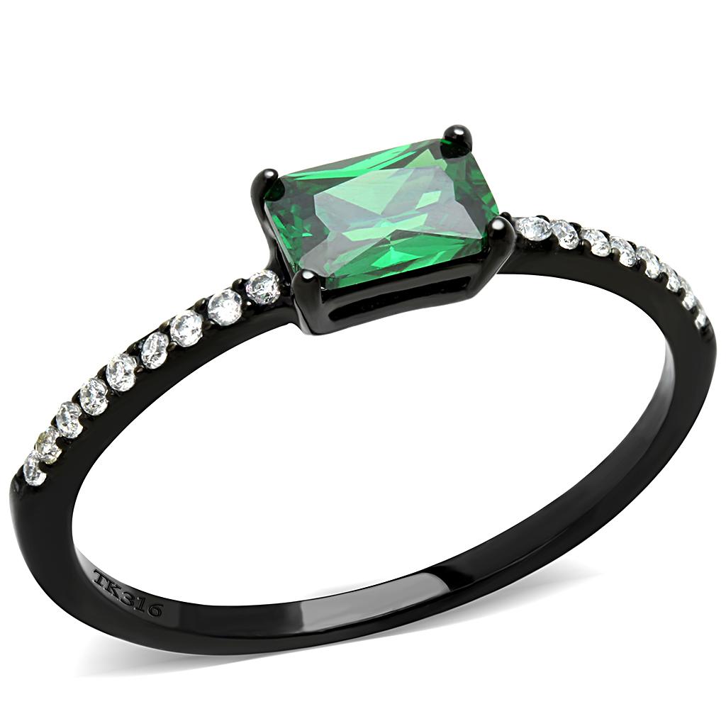 DA010 IP Black Stainless Steel Ring featuring an emerald AAA Grade CZ stone, showcasing its elegant design and modern finish.
