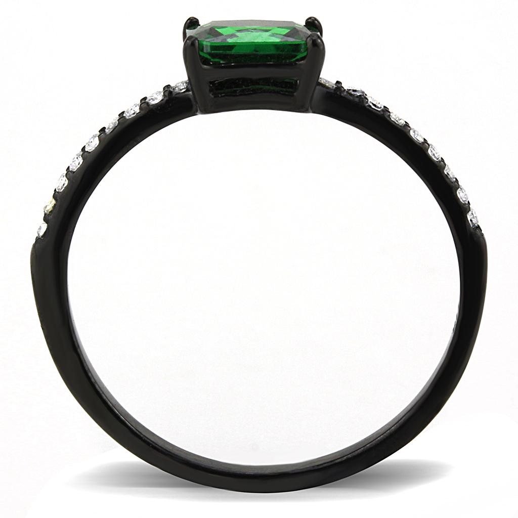 DA010 IP Black Stainless Steel Ring featuring an emerald AAA Grade CZ stone, showcasing its elegant design and modern finish.