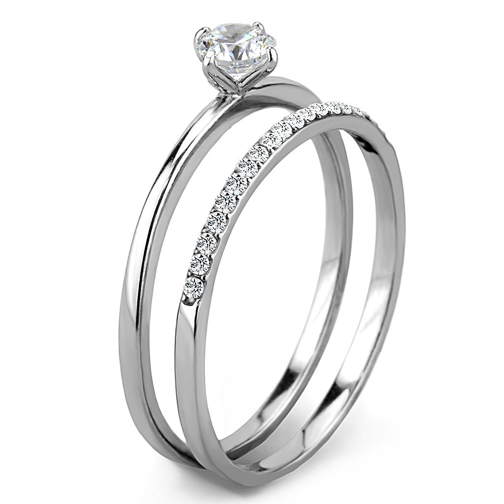 DA026 High Polished Stainless Steel Ring featuring a clear AAA Grade CZ center stone, showcasing a brilliant shine and modern design.