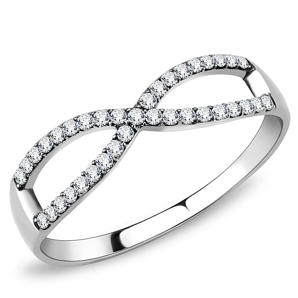 DA041 High Polished Stainless Steel Ring featuring a clear AAA Grade CZ center stone, showcasing a brilliant shine and elegant design.