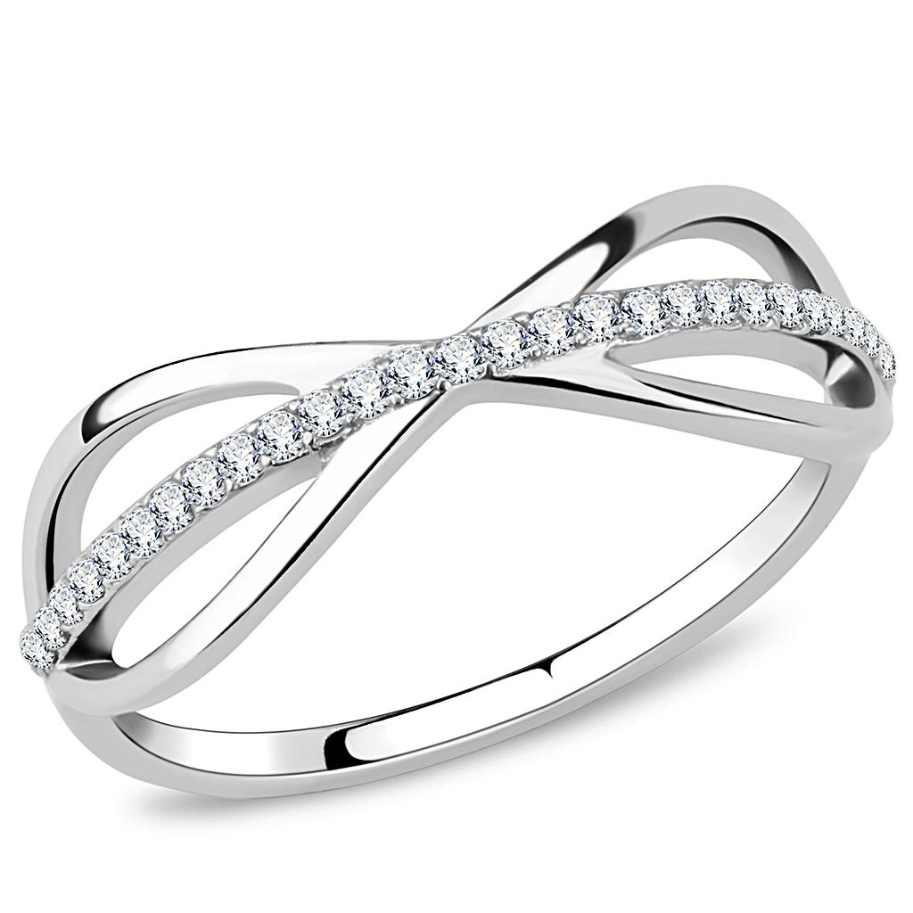 DA046 High Polished Stainless Steel Ring featuring a clear AAA Grade CZ stone, showcasing its elegant design and shiny finish.