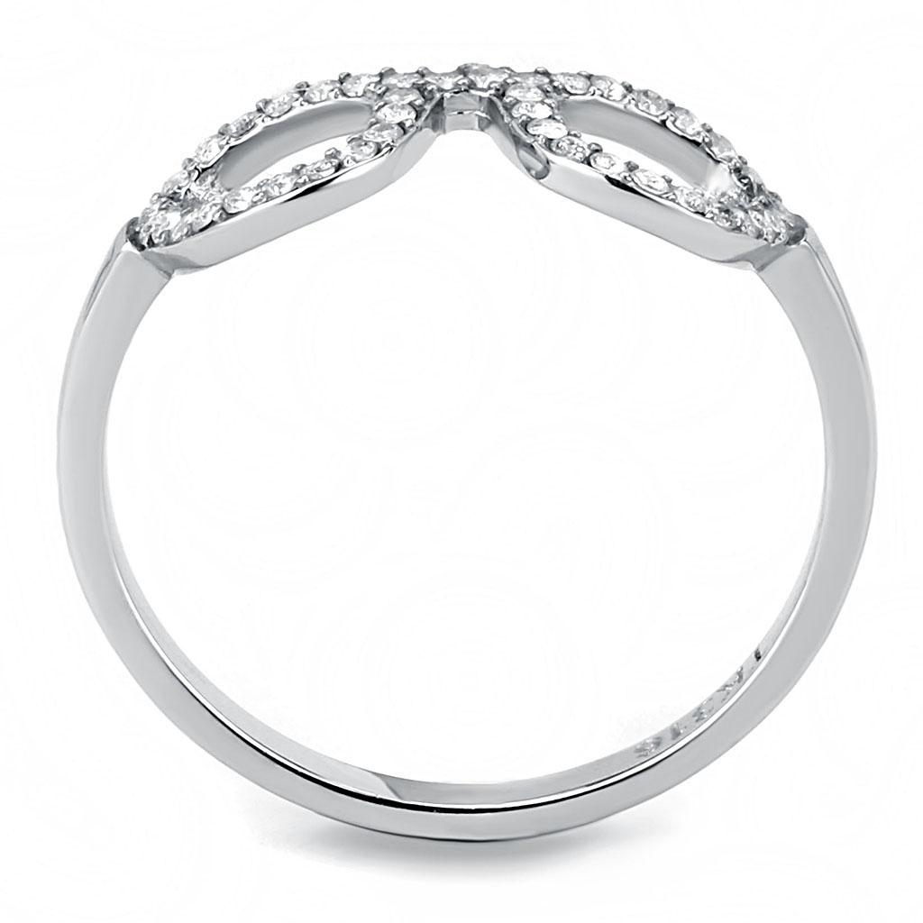 DA055 High Polished Stainless Steel Ring featuring a clear AAA Grade CZ center stone, showcasing its elegant design and shiny finish.