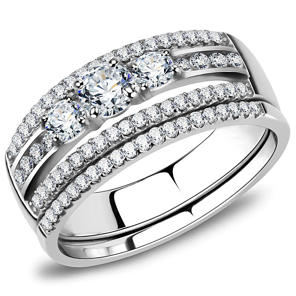 DA062 High Polished Stainless Steel Ring featuring a clear AAA Grade CZ center stone, showcasing a sleek and shiny design.