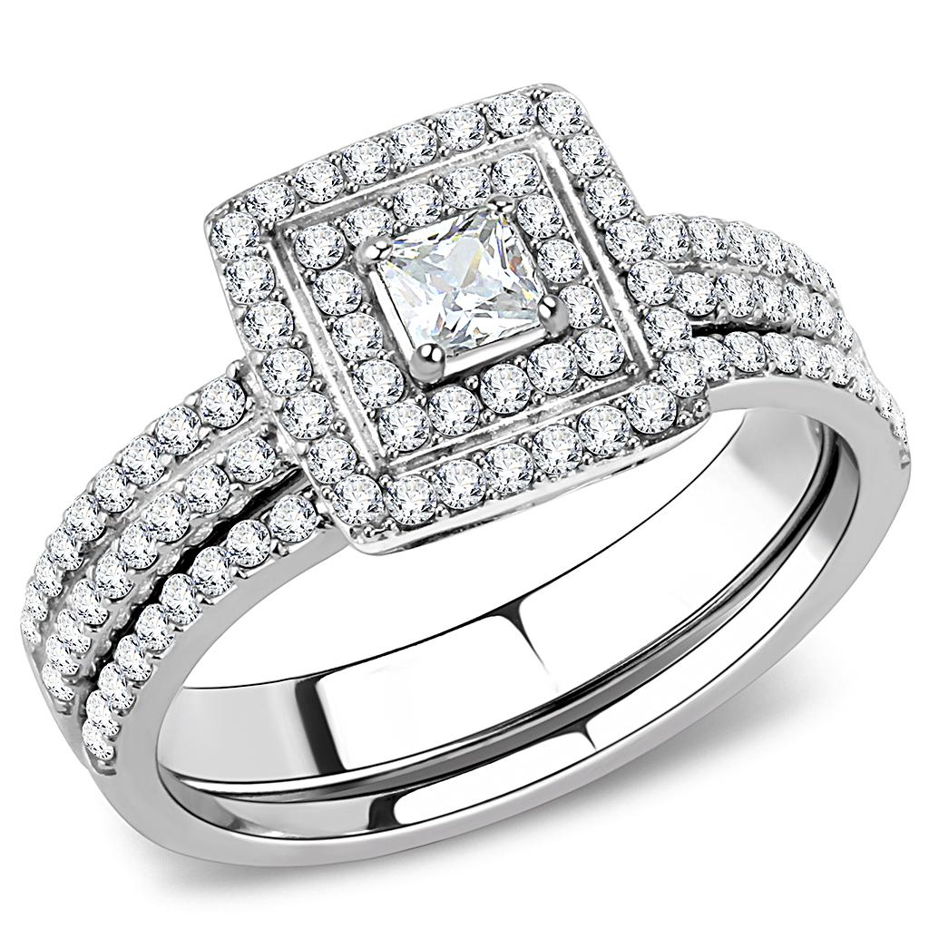 DA064 High Polished Stainless Steel Ring featuring a clear AAA Grade cubic zirconia center stone, showcasing its elegant design and shine.