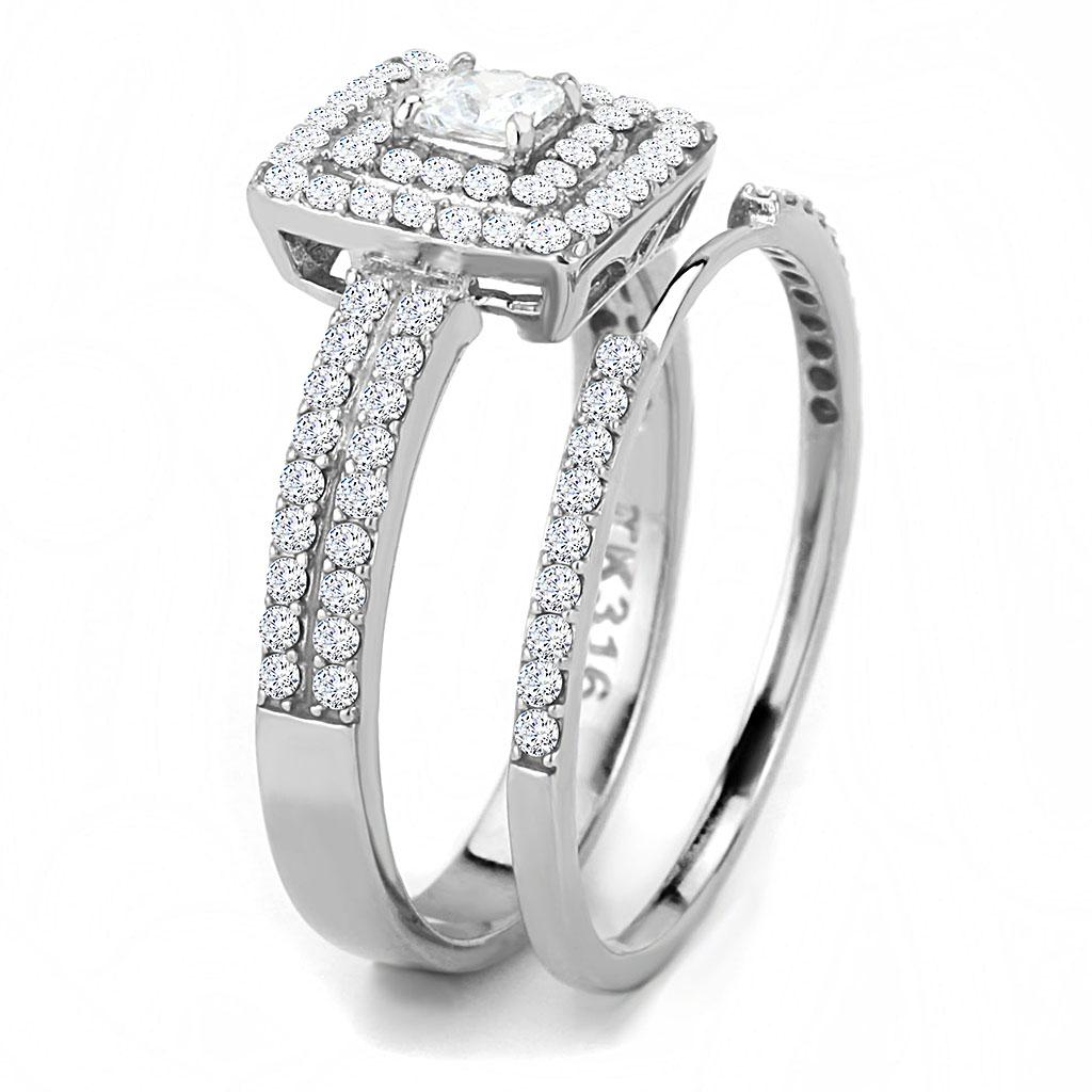DA064 High Polished Stainless Steel Ring featuring a clear AAA Grade cubic zirconia center stone, showcasing its elegant design and shine.