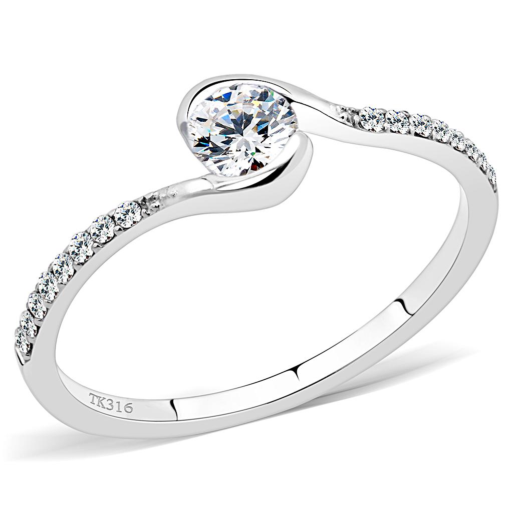 DA007 High Polished Stainless Steel Ring featuring a clear AAA Grade CZ center stone, elegantly designed for a luxurious look.