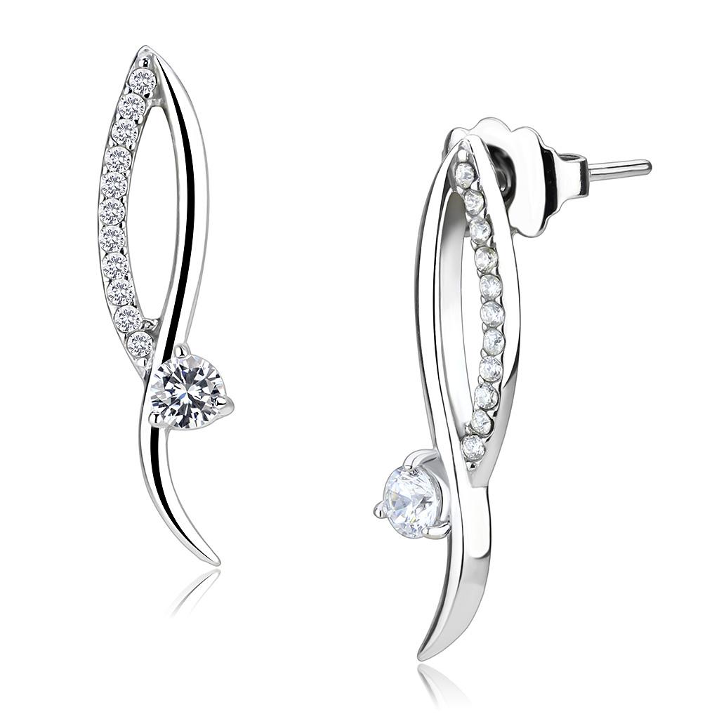 DA080 High Polished Stainless Steel Earrings featuring AAA Grade Clear CZ center stone, showcasing a shiny and elegant design.