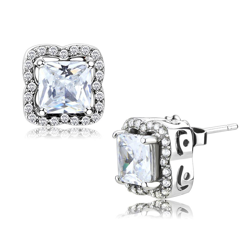 DA081 High Polished Stainless Steel Earrings featuring AAA Grade Clear CZ center stone, showcasing a sleek and elegant design.