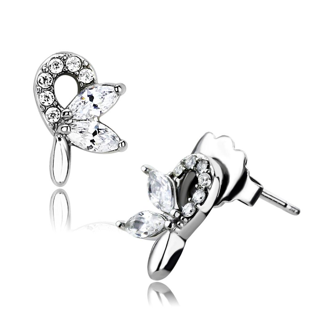 DA087 High Polished Stainless Steel Earrings featuring AAA Grade clear CZ stone, showcasing a brilliant shine and elegant design.