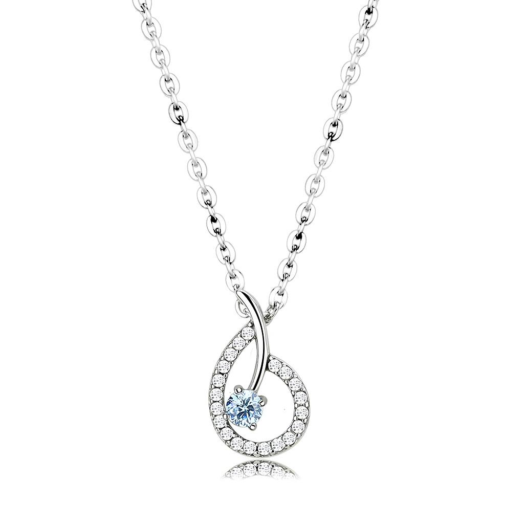 DA090 High Polished Stainless Steel Chain Pendant featuring a sea blue AAA Grade CZ stone, elegantly designed for durability and style.