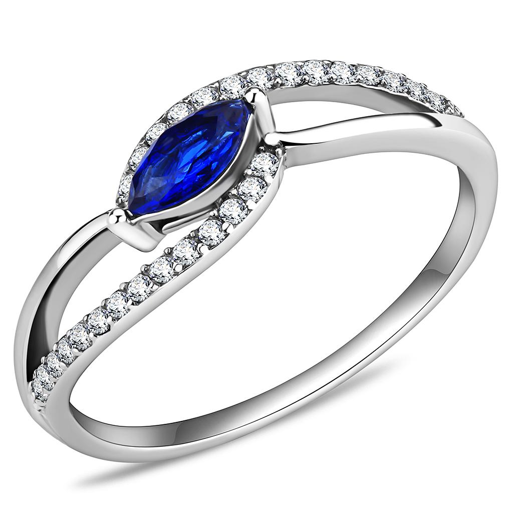 DA122 High Polished Stainless Steel Ring featuring a AAA Grade London Blue CZ stone, showcasing its elegant design and polished finish.