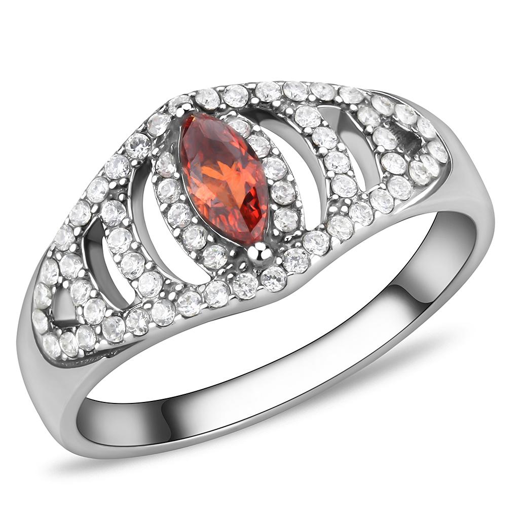 DA123 High Polished Stainless Steel Ring featuring a vibrant orange AAA Grade CZ stone, showcasing its elegant design and high-quality finish.