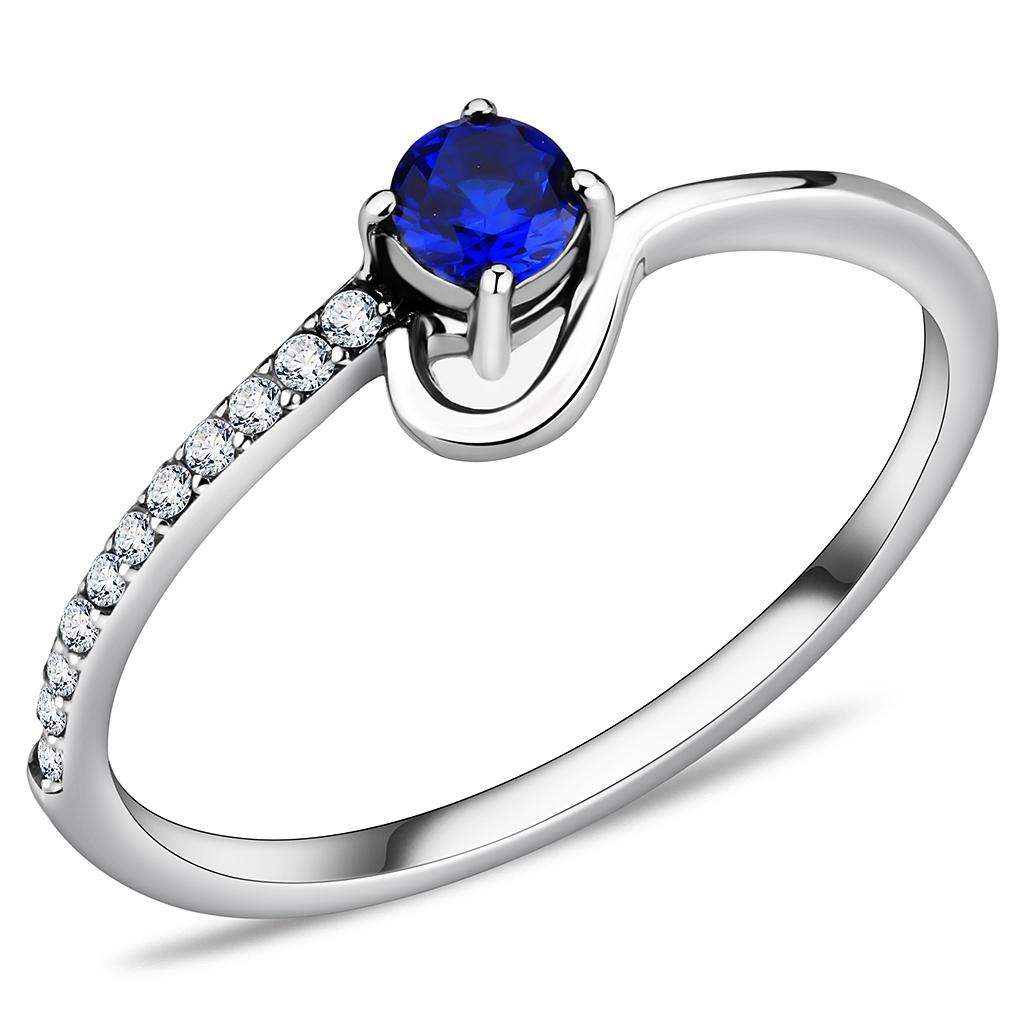 DA114 High Polished Stainless Steel Ring featuring a AAA Grade London Blue CZ stone, showcasing its elegant design and shiny finish.