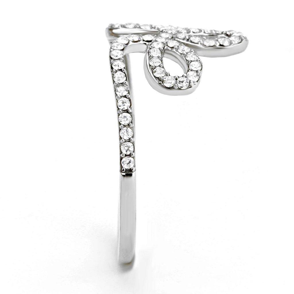 DA141 High Polished Stainless Steel Ring featuring a clear AAA Grade CZ center stone, showcasing its elegant design and shiny finish.