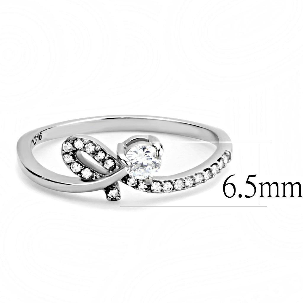 DA142 High Polished Stainless Steel Ring featuring a clear AAA Grade CZ center stone, showcasing its elegant design and shine.