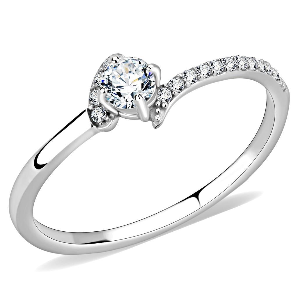 DA152 High Polished Stainless Steel Ring featuring a clear AAA Grade CZ stone, showcasing its elegant design and shine.