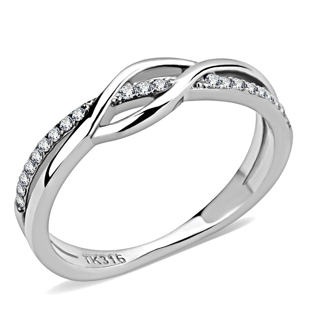 DA157 High Polished Stainless Steel Ring featuring a clear AAA Grade CZ stone, showcasing its elegant design and shiny finish.
