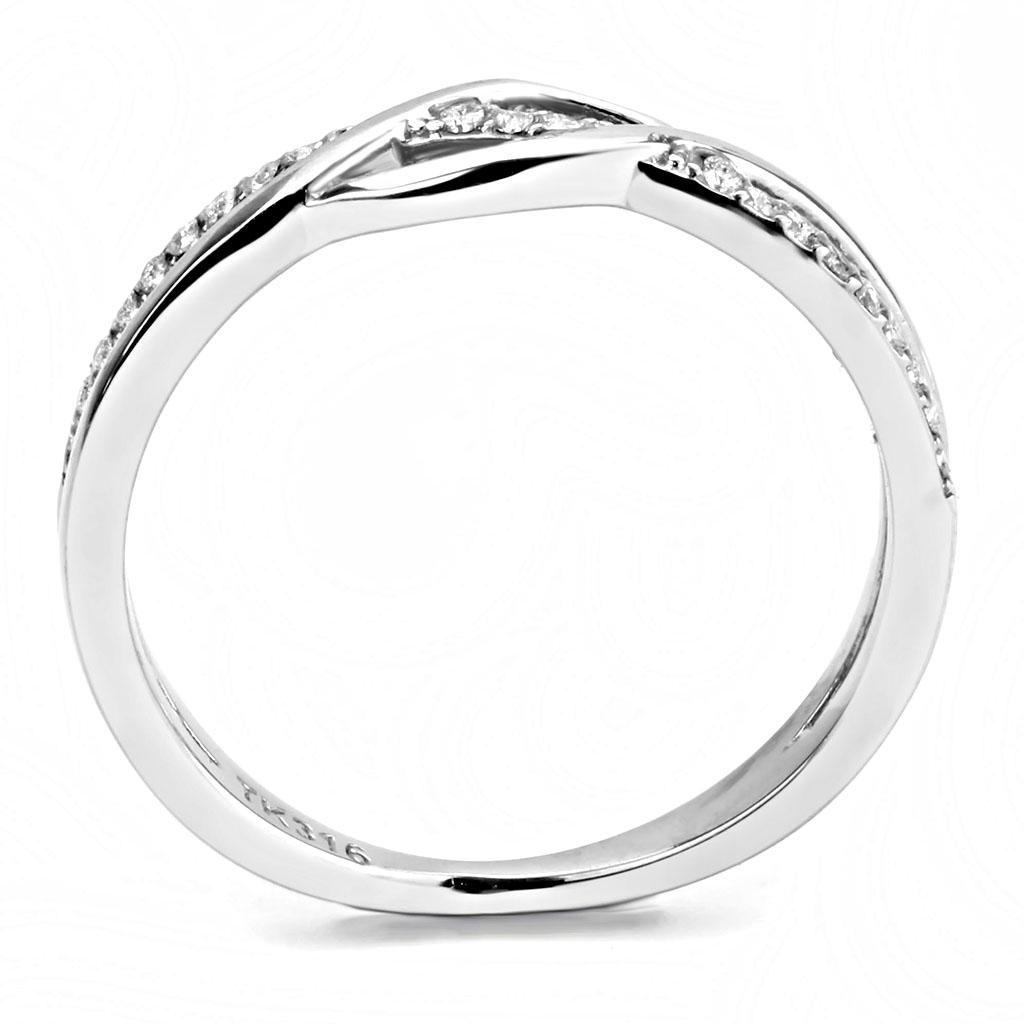 DA157 High Polished Stainless Steel Ring featuring a clear AAA Grade CZ stone, showcasing its elegant design and shiny finish.