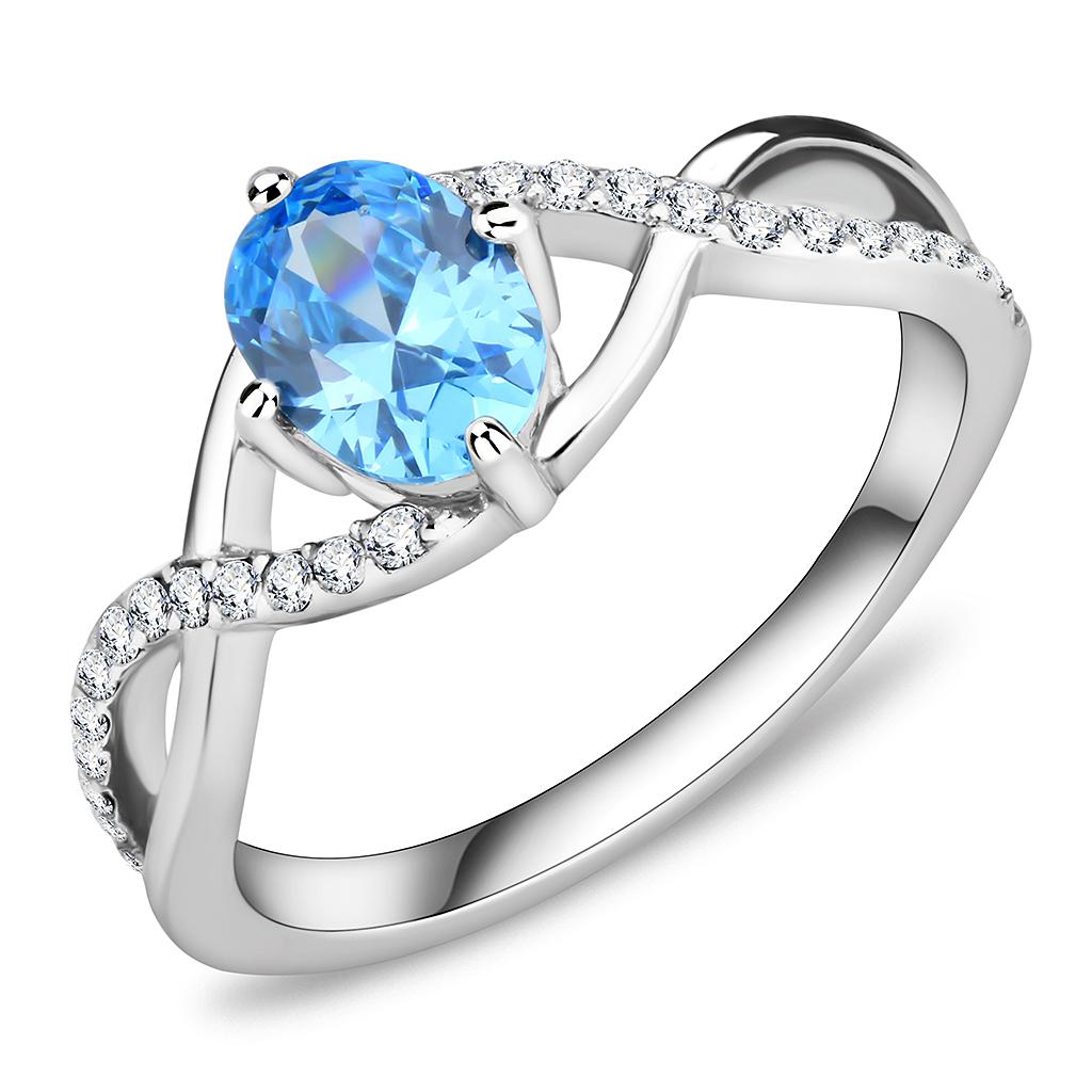 DA117 High Polished Stainless Steel Ring featuring a AAA Grade Sea Blue CZ stone, showcasing its elegant design and high shine finish.