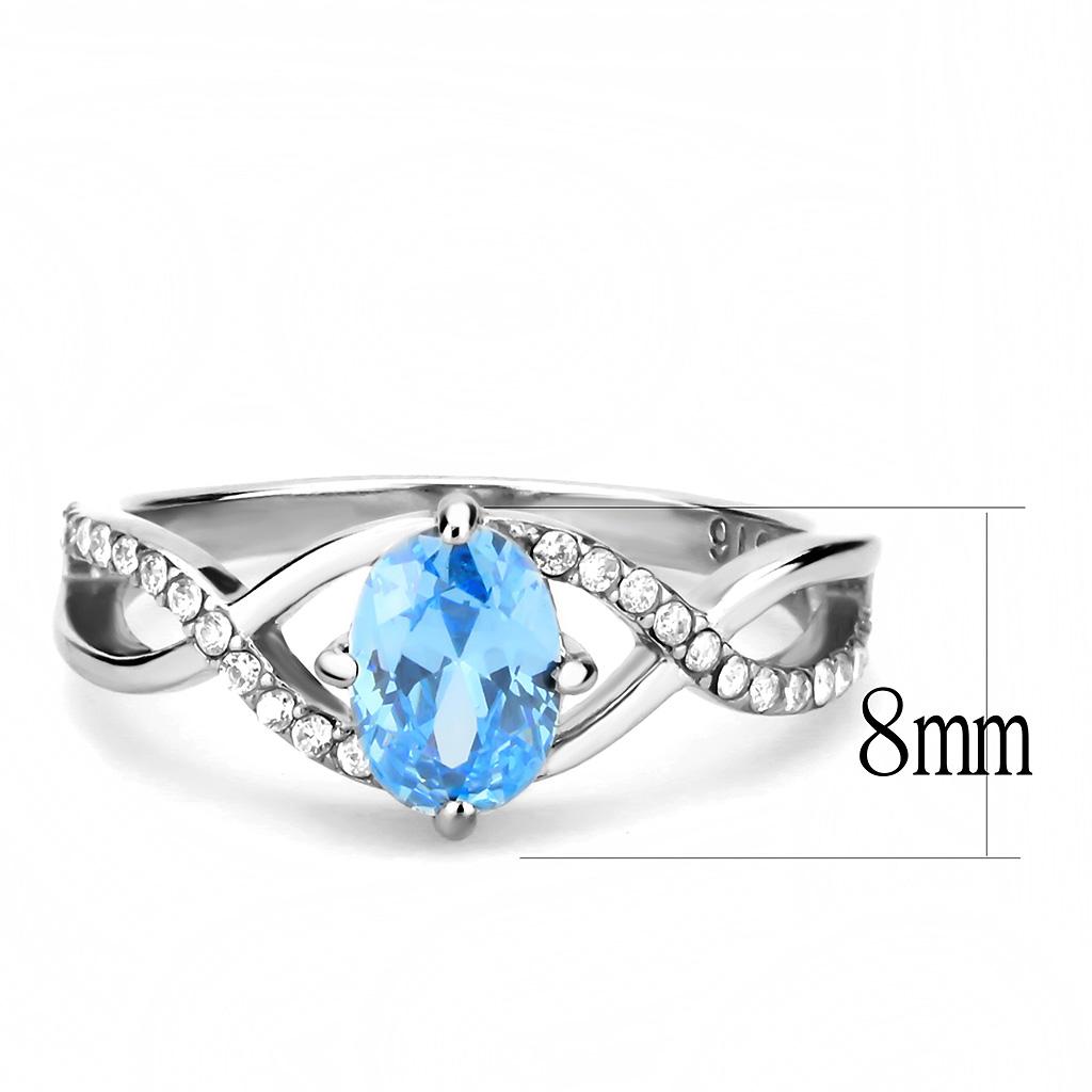DA117 High Polished Stainless Steel Ring featuring a AAA Grade Sea Blue CZ stone, showcasing its elegant design and high shine finish.