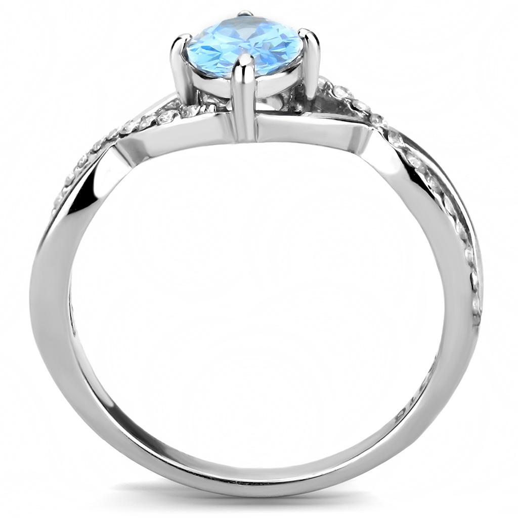 DA117 High Polished Stainless Steel Ring featuring a AAA Grade Sea Blue CZ stone, showcasing its elegant design and high shine finish.