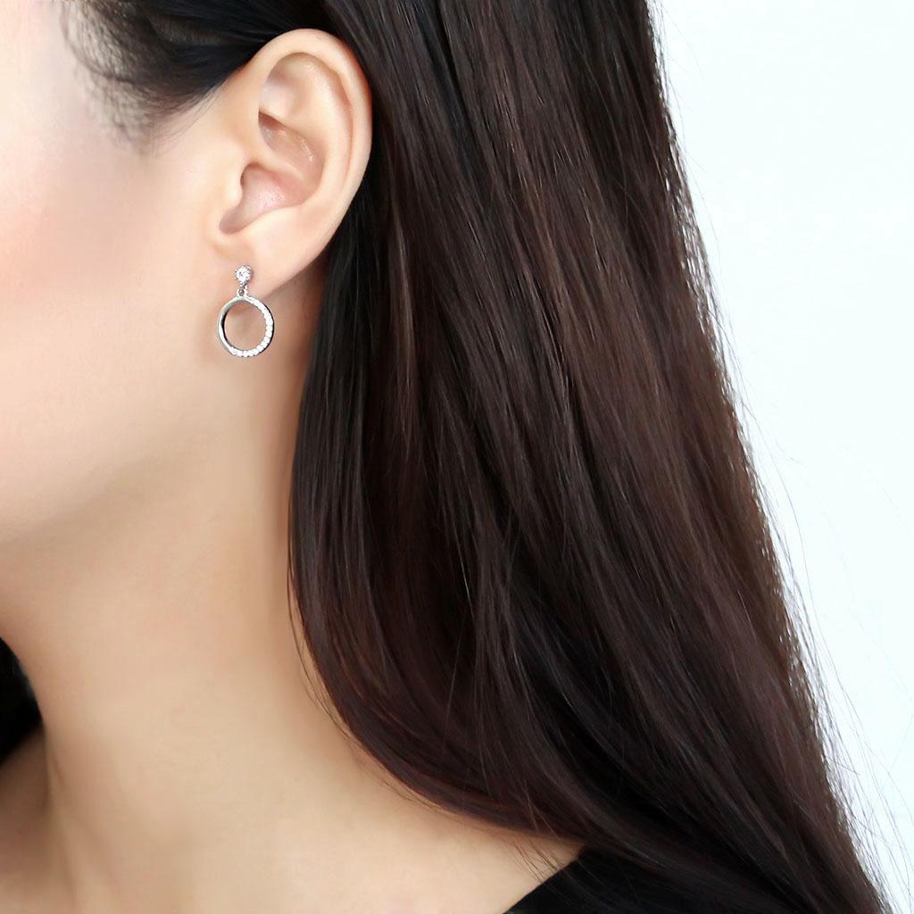 DA180 High Polished Stainless Steel Earrings featuring a clear AAA Grade CZ stone, elegantly designed for a luxurious look.