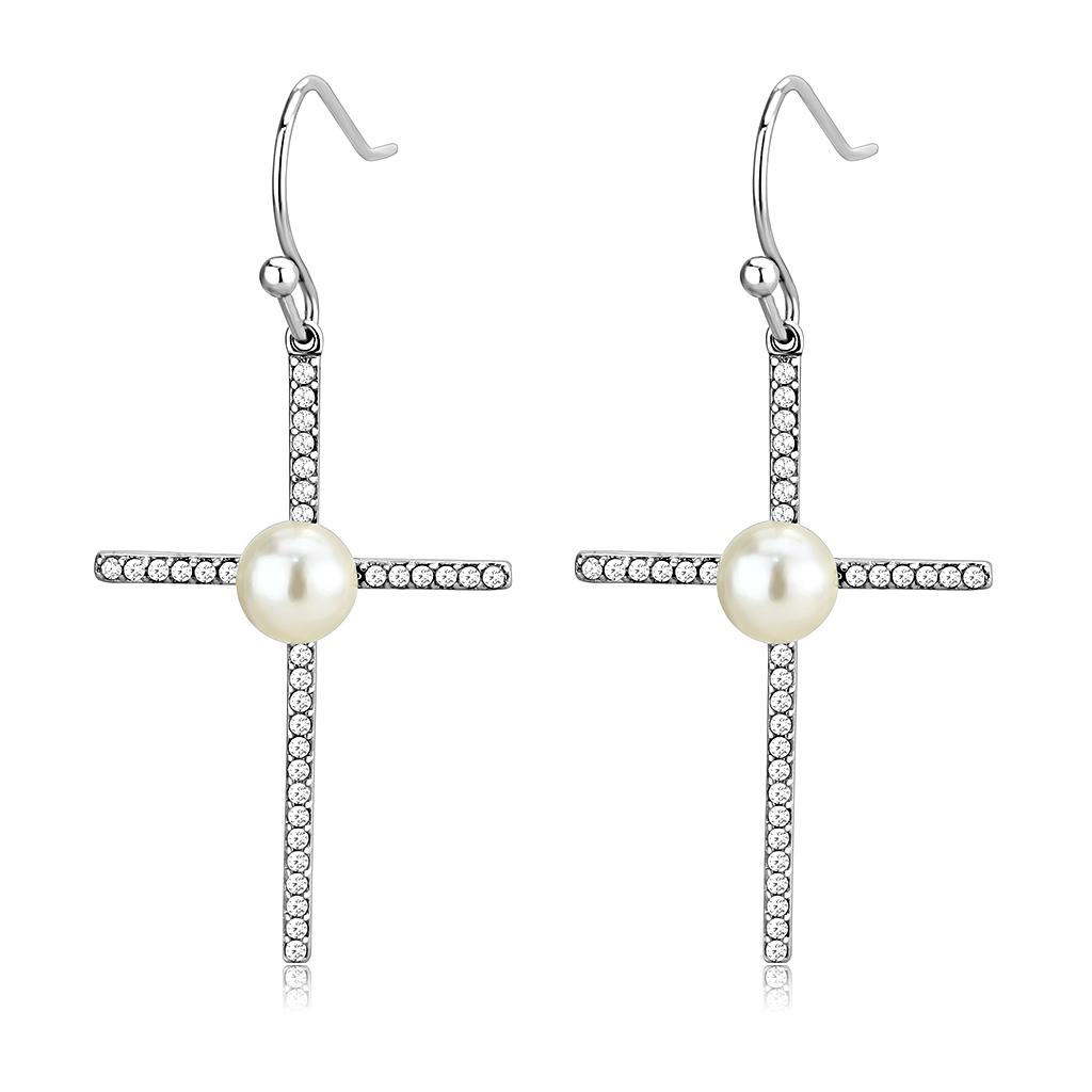 DA192 High Polished Stainless Steel Earrings featuring a white synthetic pearl centerpiece, elegantly designed for everyday wear.