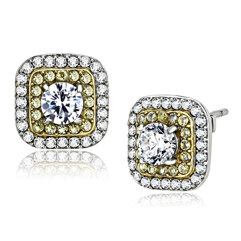 DA220 Two-Tone IP Gold Stainless Steel Earrings featuring AAA Grade CZ center stone, elegantly designed for style and durability.