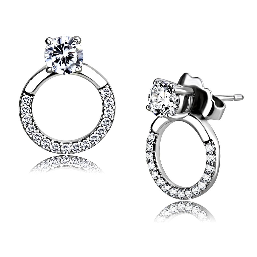 DA208 High Polished Stainless Steel Earrings featuring AAA Grade Clear CZ stone, showcasing a sleek and elegant design.
