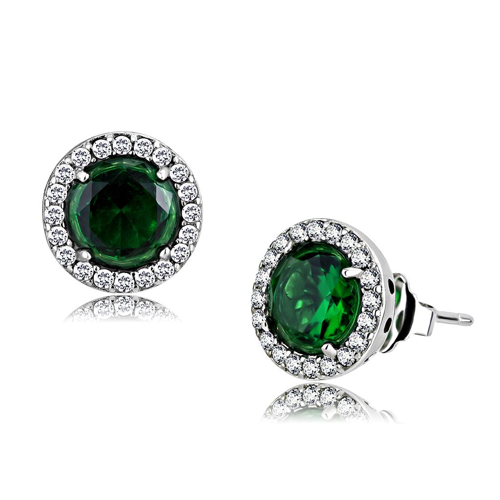 DA211 High Polished Stainless Steel Earrings featuring a synthetic emerald glass stone, elegantly designed for everyday wear.