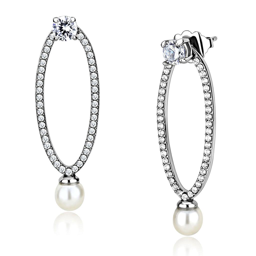 DA223 high polished stainless steel earrings featuring a white synthetic pearl centerpiece, showcasing a sleek and modern design.