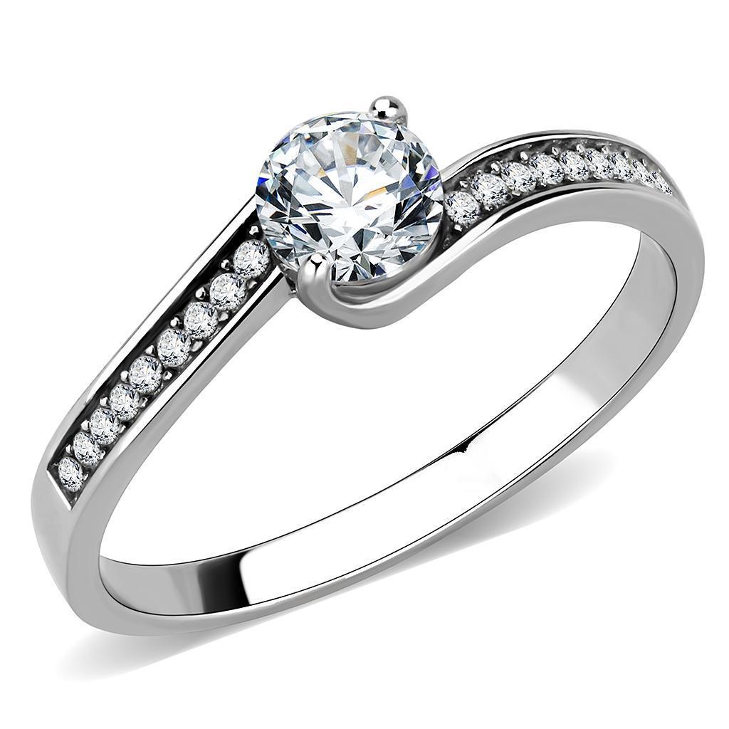 DA233 High Polished Stainless Steel Ring featuring a clear AAA Grade CZ center stone, showcasing its elegant design and shine.