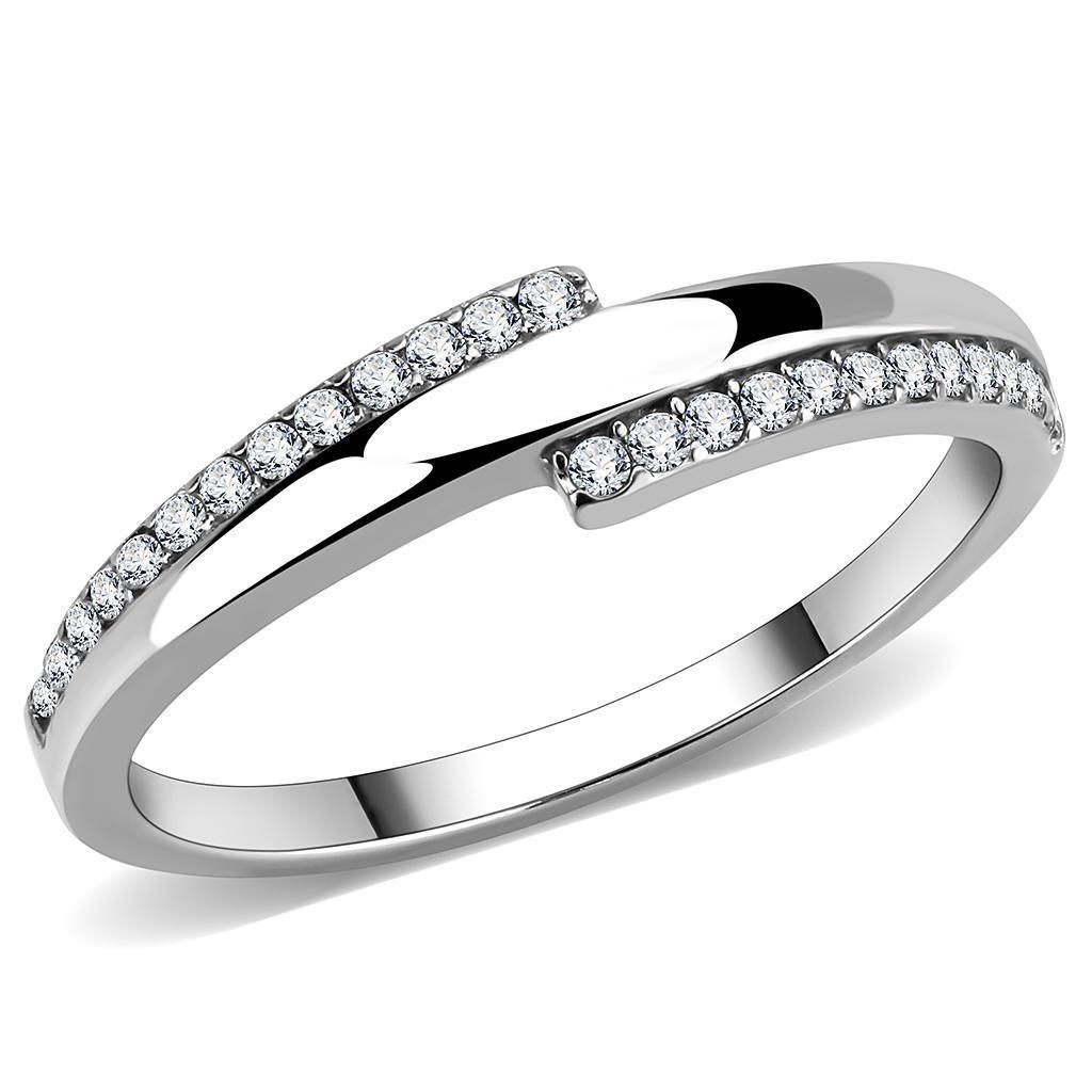 DA234 High Polished Stainless Steel Ring featuring a clear AAA Grade CZ stone, showcasing its elegant design and shiny finish.