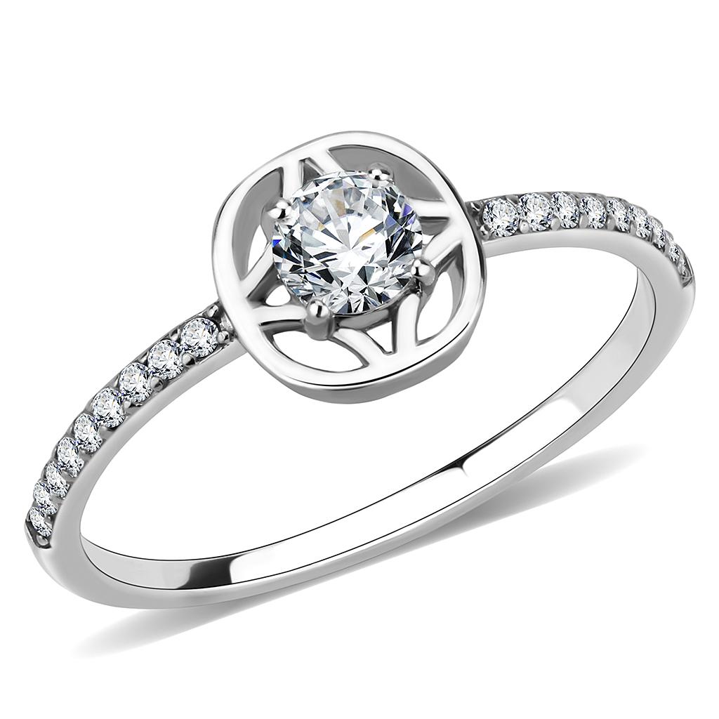 DA238 High Polished Stainless Steel Ring featuring a clear AAA Grade CZ center stone, showcasing its elegant design and shine.