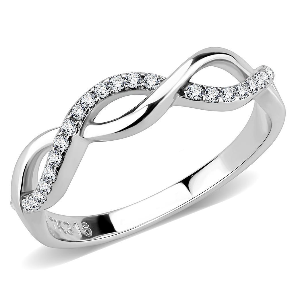 DA243 High Polished Stainless Steel Ring featuring a clear AAA Grade CZ center stone, showcasing its elegant design and shiny finish.