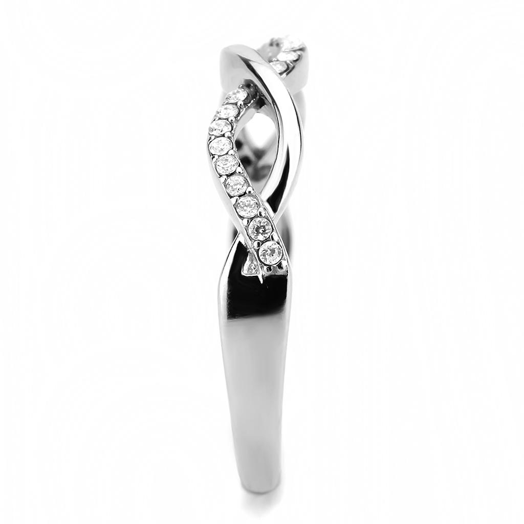 DA243 High Polished Stainless Steel Ring featuring a clear AAA Grade CZ center stone, showcasing its elegant design and shiny finish.