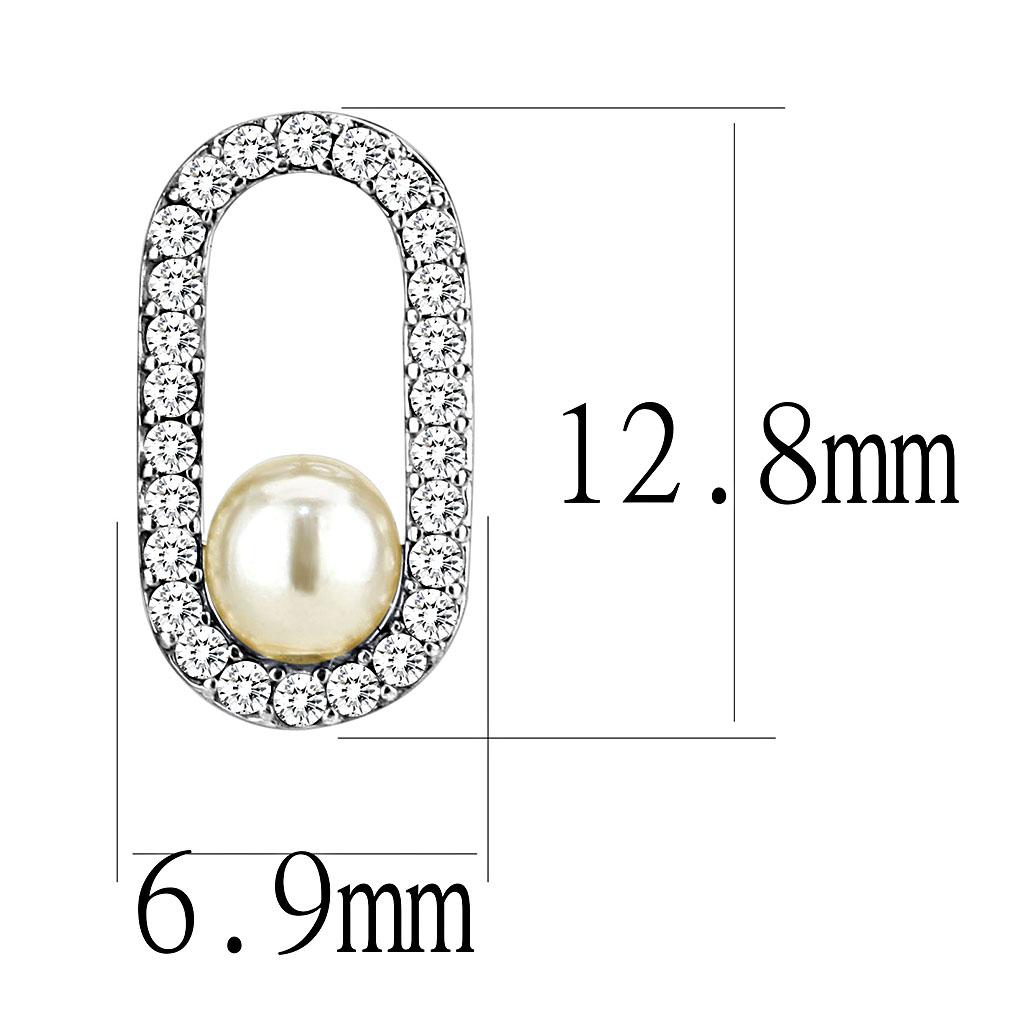 DA225 high polished stainless steel earrings featuring a white synthetic pearl center stone, showcasing a sleek and elegant design.