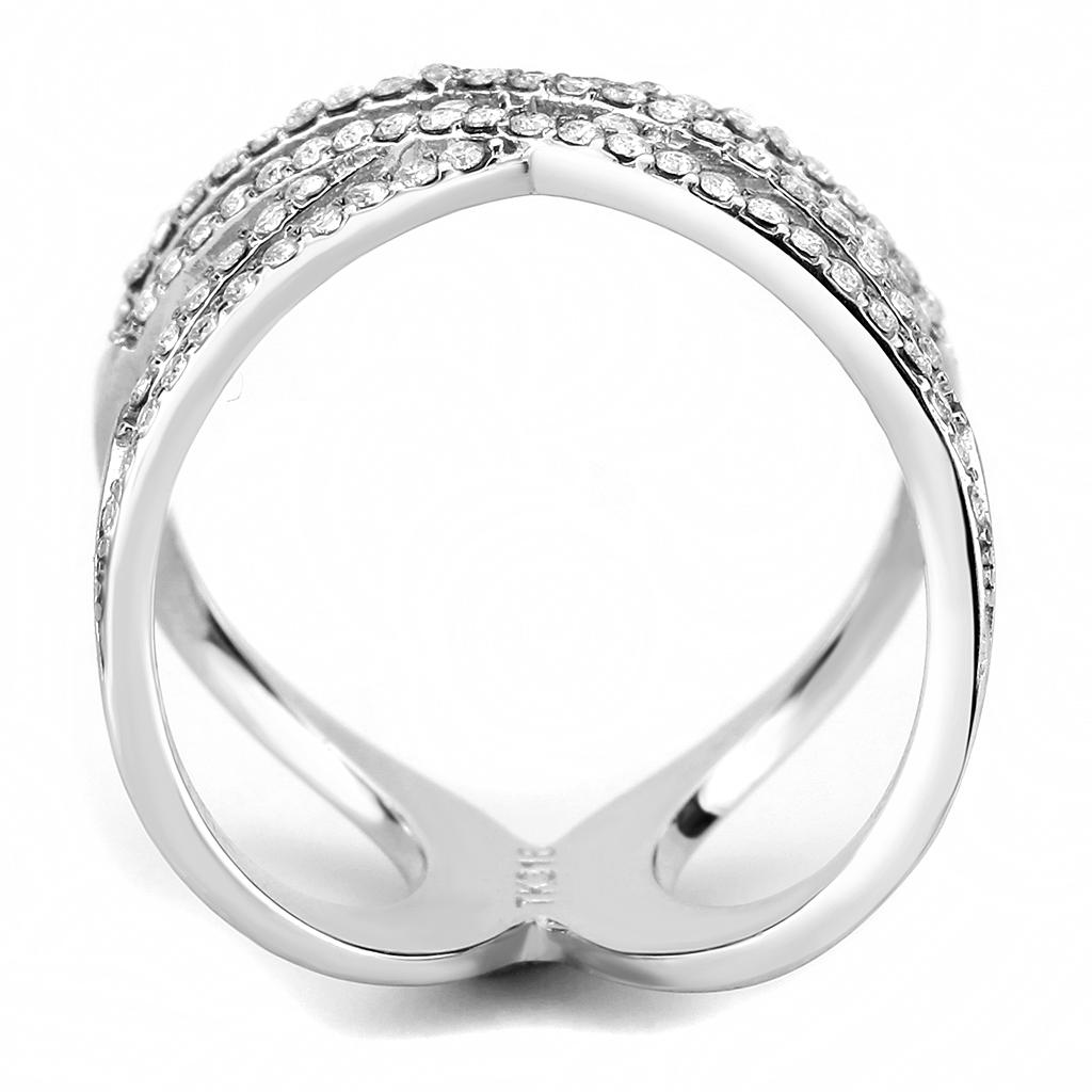 DA255 High Polished Stainless Steel Ring featuring a clear AAA Grade CZ stone, showcasing its elegant design and shiny finish.