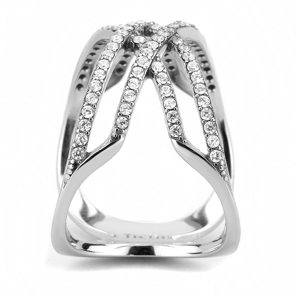 DA255 High Polished Stainless Steel Ring featuring a clear AAA Grade CZ stone, showcasing its elegant design and shiny finish.