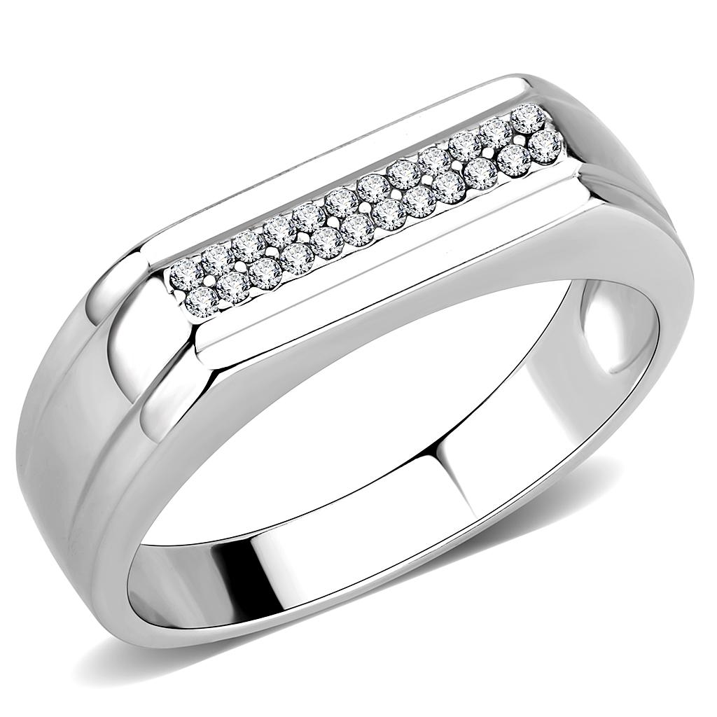 DA251 High Polished Stainless Steel Ring featuring a clear AAA Grade CZ center stone, showcasing a brilliant shine.