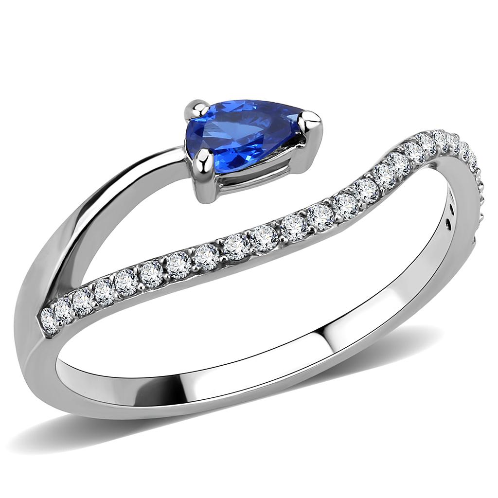 DA273 High Polished Stainless Steel Ring featuring a London Blue Spinel center stone, showcasing its elegant design and polished finish.