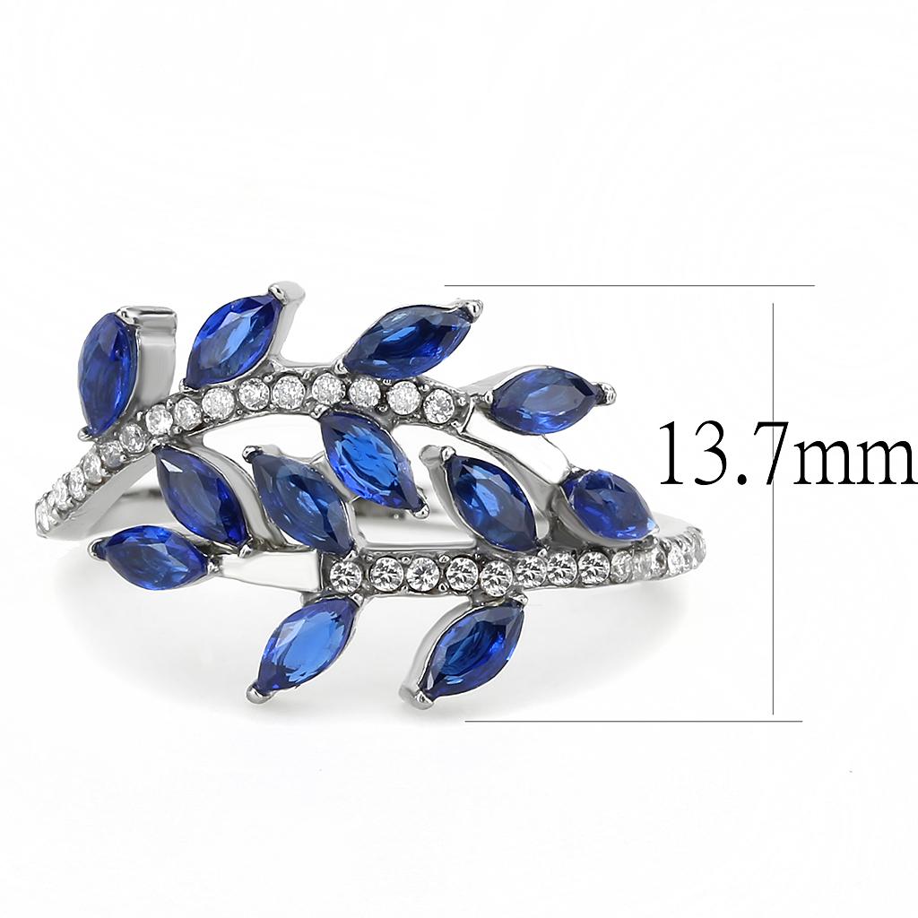 DA274 High Polished Stainless Steel Ring featuring a London Blue Spinel center stone, showcasing a sleek and modern design.